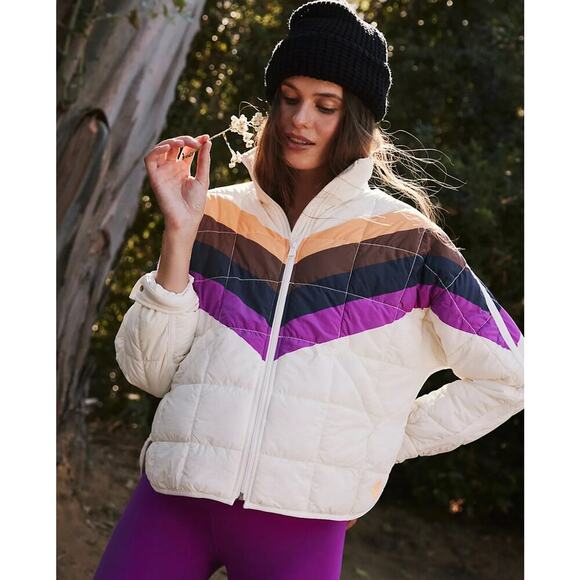 NWT Free People Movement x Hatch Printed Puffer Jacket In Ivory Chevron Size L - Picture 1 of 10